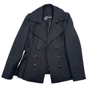 Guess Womens Wool Blend Double Breasted Pea Coat Charcoal Grey Peplum Jacket M